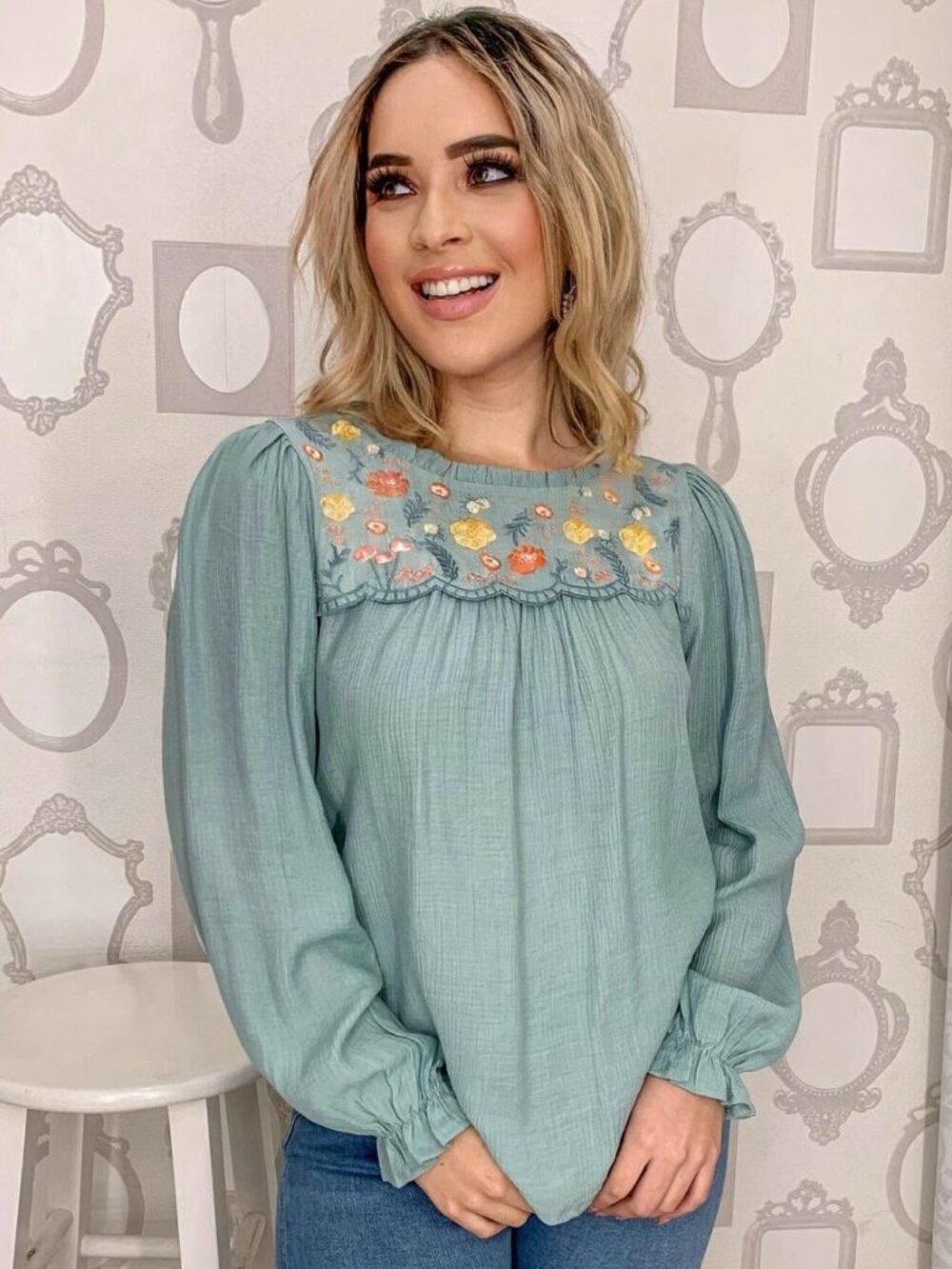 MINE Floral Embroidered Crinkle Blouse